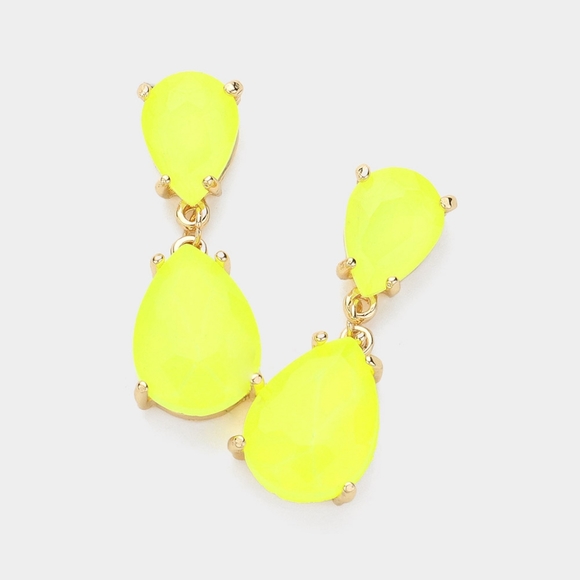 Neon Yellow Dangle Crystal Teardrop Earrings 1.4 Inch Evening Drop Link Women - Picture 1 of 2